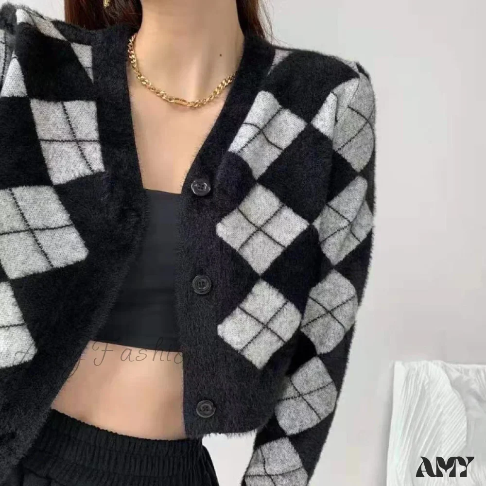 Amy Fashion - Plaid Black White Knitted Cardigan - Image 2