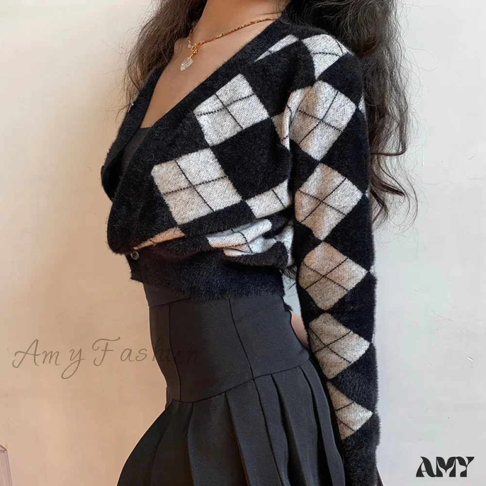 Amy Fashion - Plaid Black White Knitted Cardigan - Image 6