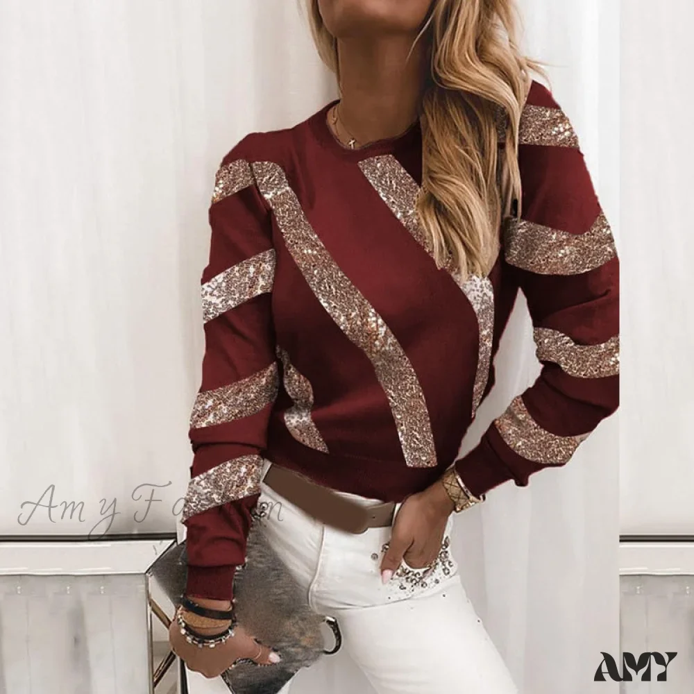 Amy Fashion - Plus Size O Neck Striped Sequin Long Sleeve T-shirt - Image 6