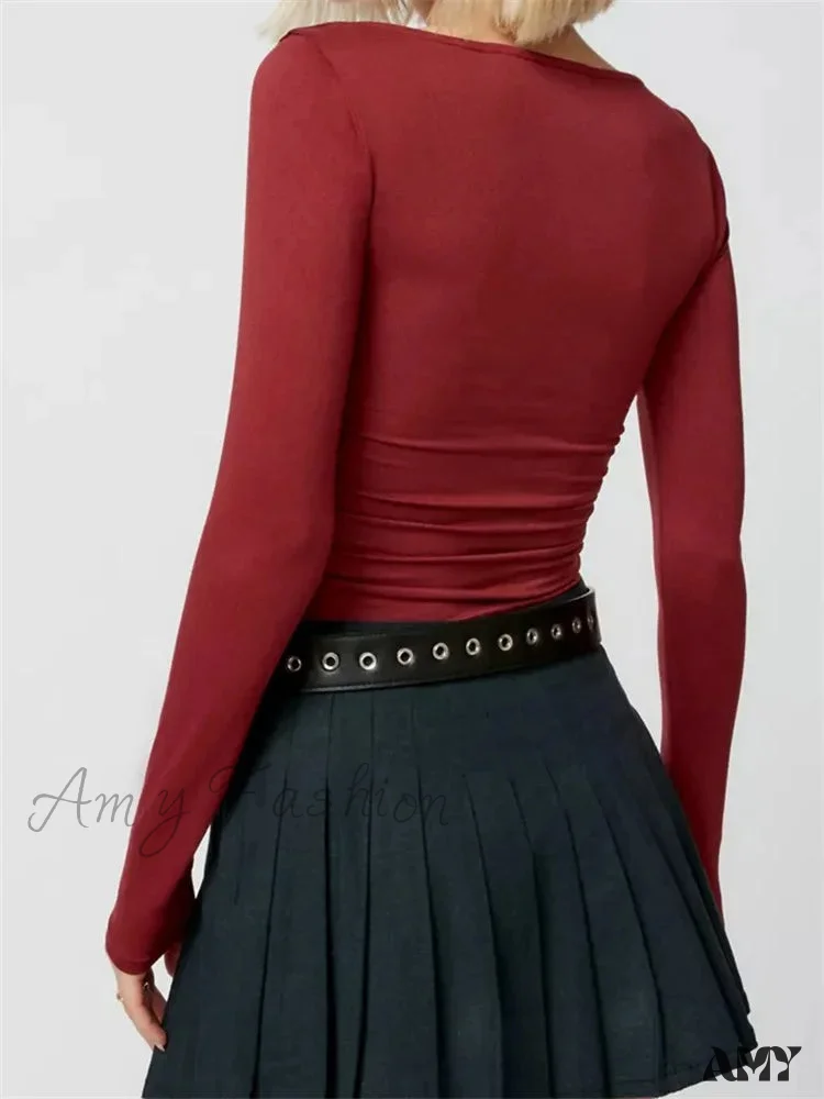 Amy Fashion - Fashion Short Solid Color Square Neck Long Sleeve Slim Fit T-shirts - Image 3
