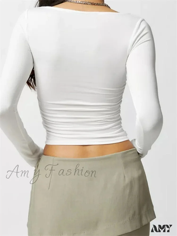Amy Fashion - Fashion Short Solid Color Square Neck Long Sleeve Slim Fit T-shirts - Image 4