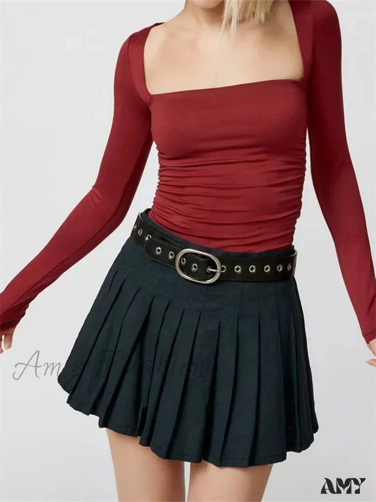 Amy Fashion - Fashion Short Solid Color Square Neck Long Sleeve Slim Fit T-shirts - Image 5