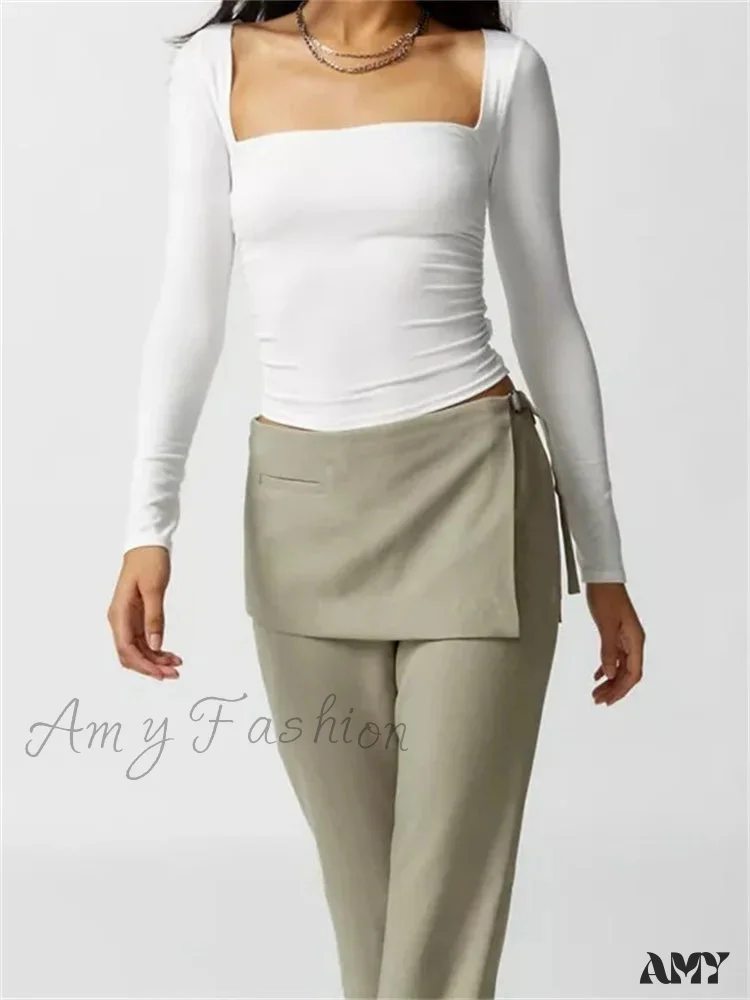 Amy Fashion - Fashion Short Solid Color Square Neck Long Sleeve Slim Fit T-shirts - Image 6