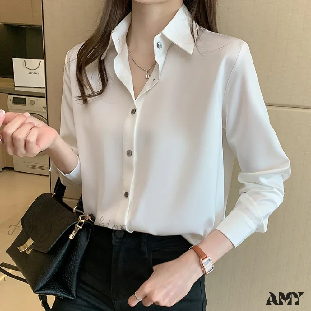 Fashion Silk Long Sleeve Solid Casual Shirts Lady Turn Down Collar White Tops Blouse - Image 5