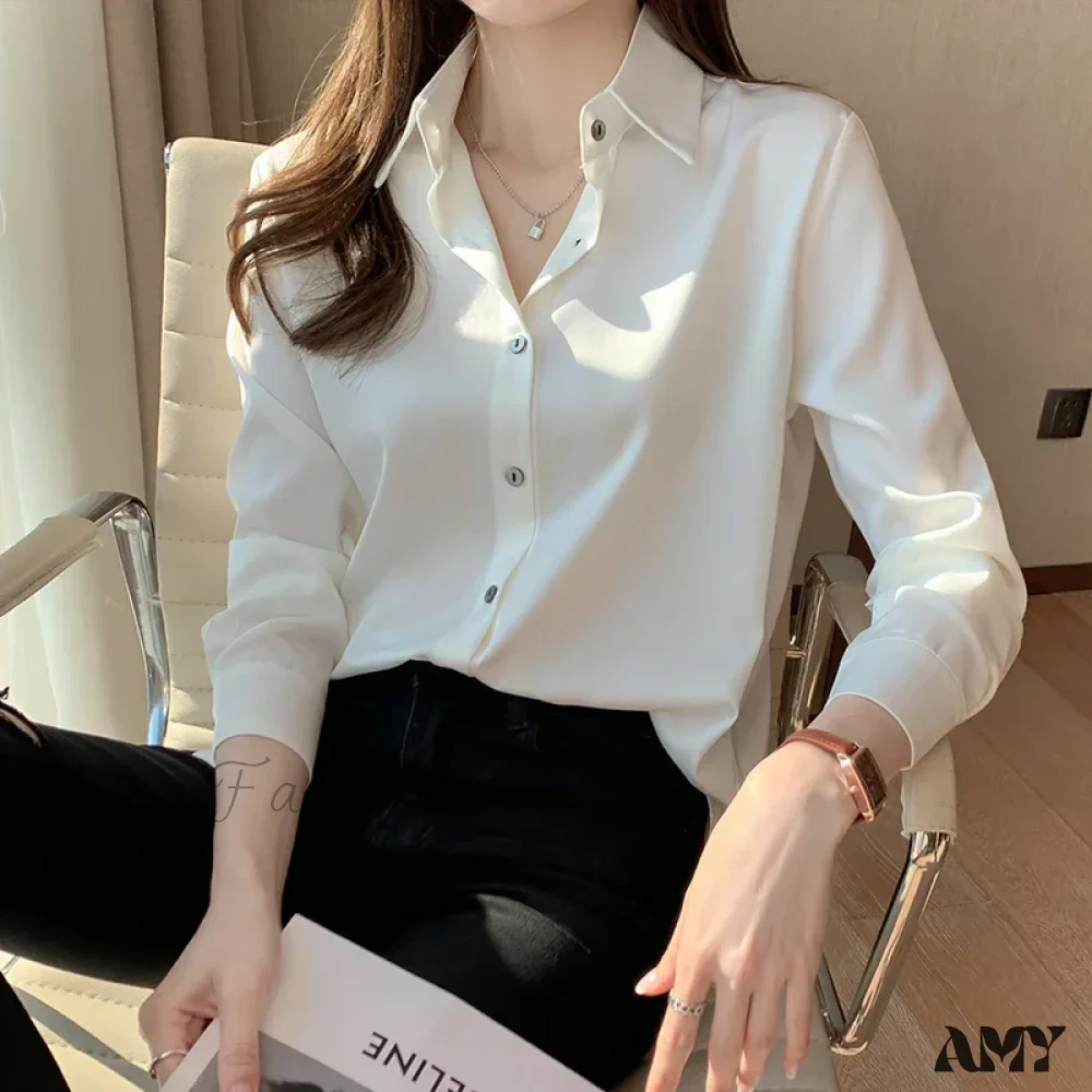 Fashion Silk Long Sleeve Solid Casual Shirts Lady Turn Down Collar White Tops Blouse - Image 6