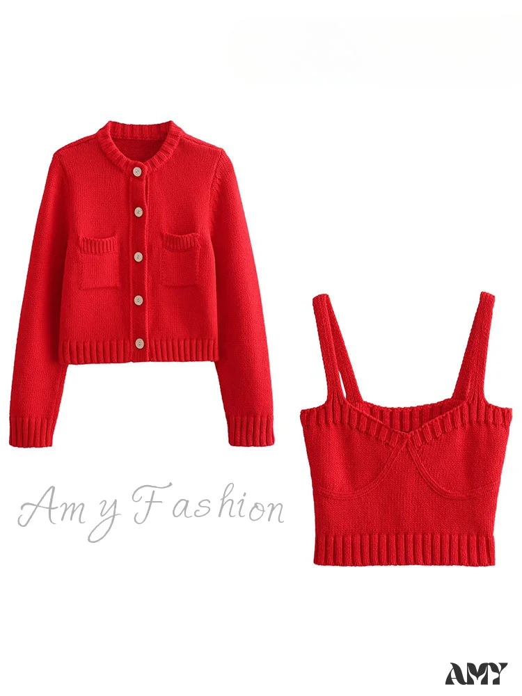 Fashion Texture Sleeveless Backless Sling Crop Top Single-Breasted Pocket Decorate Sweater Cardigan Coat - Image 4