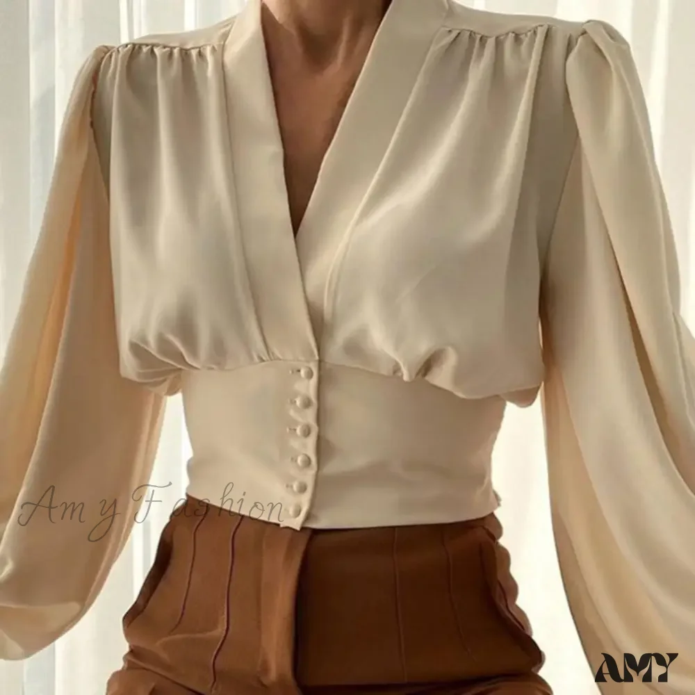 Fashion V-neck Tight Shrinkable Cuffs Flower Print Blouse - Image 2