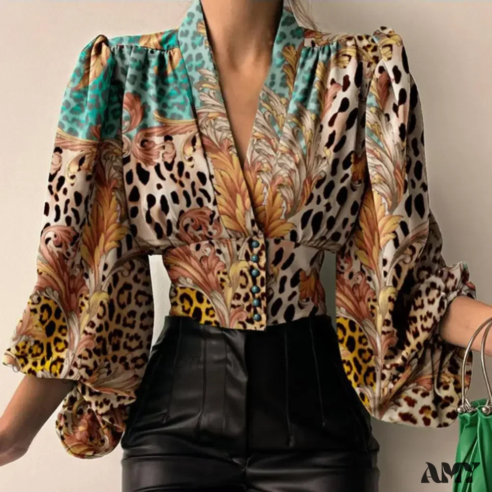 Fashion V-neck Tight Shrinkable Cuffs Flower Print Blouse - Image 3