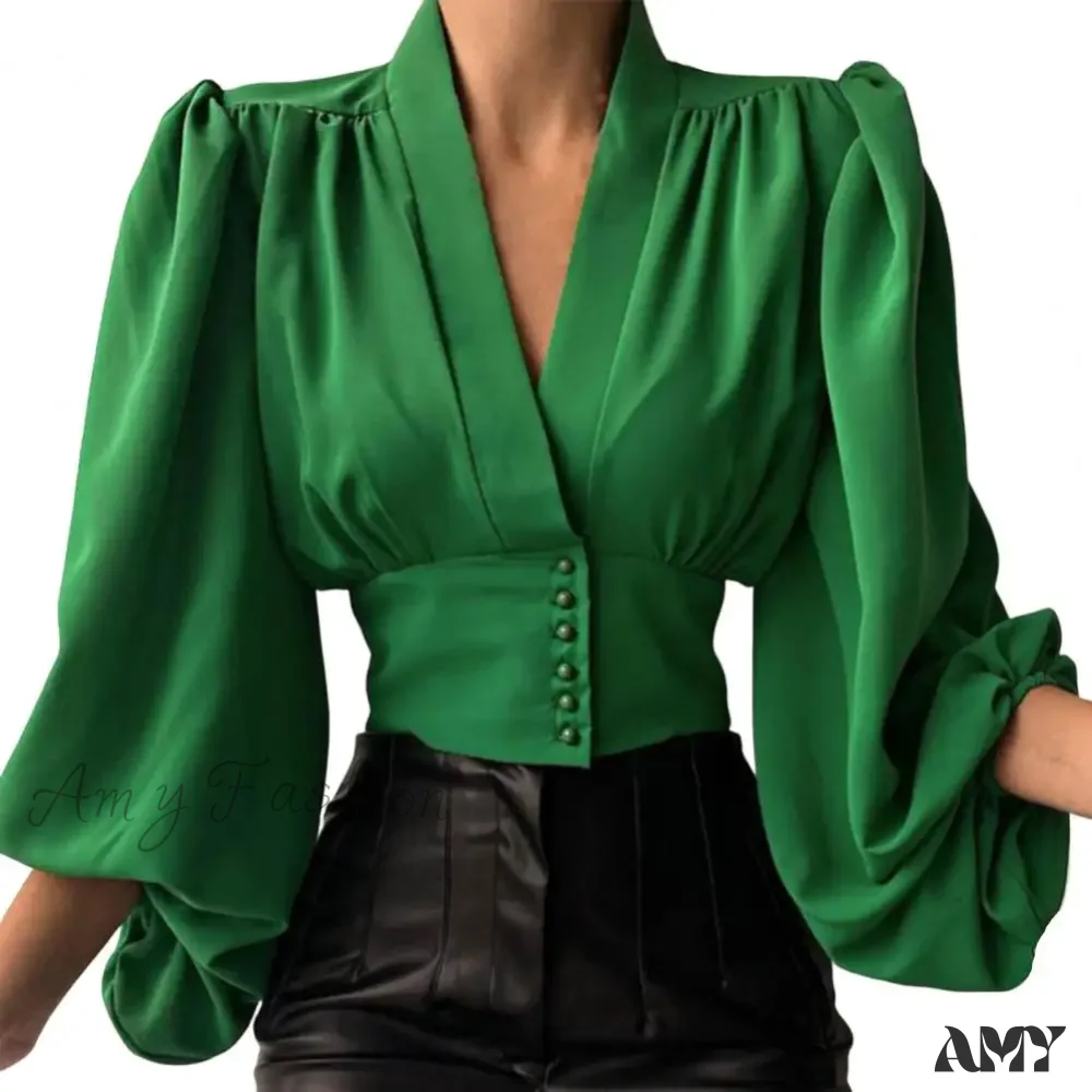 Fashion V-neck Tight Shrinkable Cuffs Flower Print Blouse - Image 4