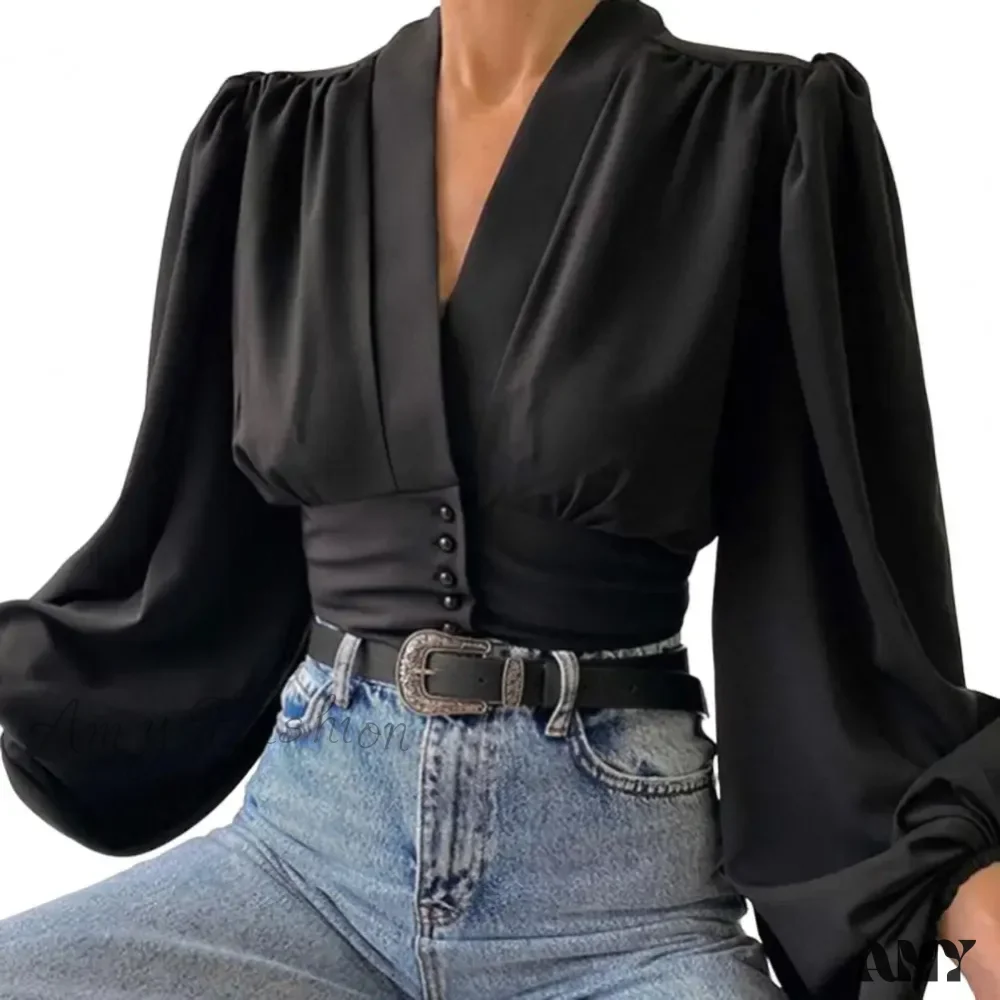 Fashion V-neck Tight Shrinkable Cuffs Flower Print Blouse - Image 6