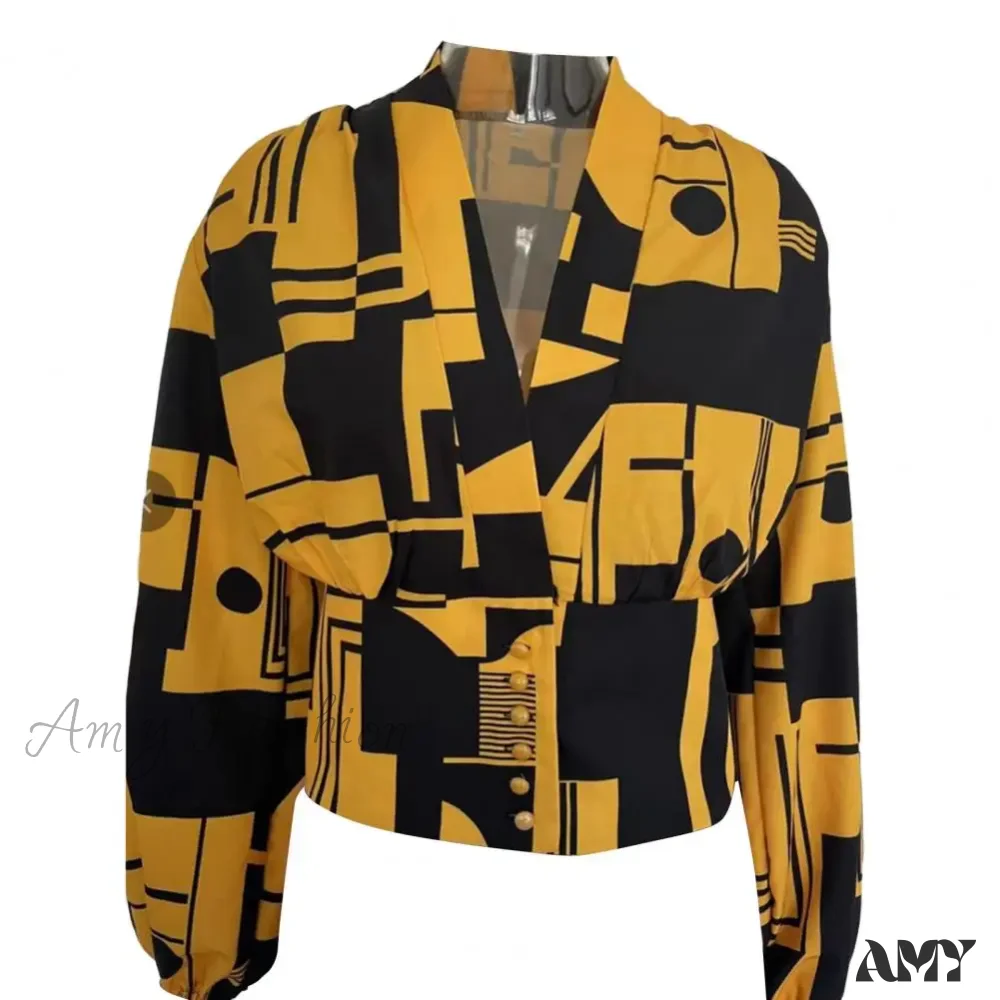 Fashion V-neck Tight Shrinkable Cuffs Flower Print Blouse - Image 7