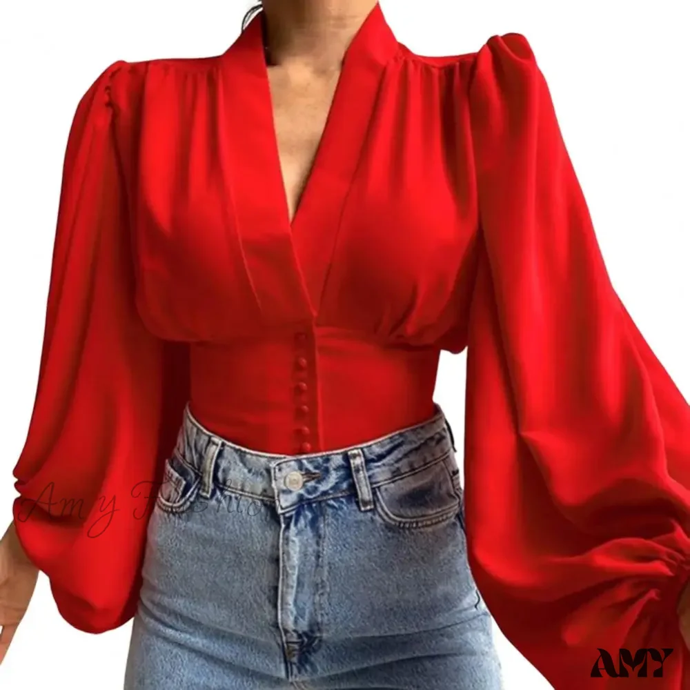 Fashion V-neck Tight Shrinkable Cuffs Flower Print Blouse - Image 8