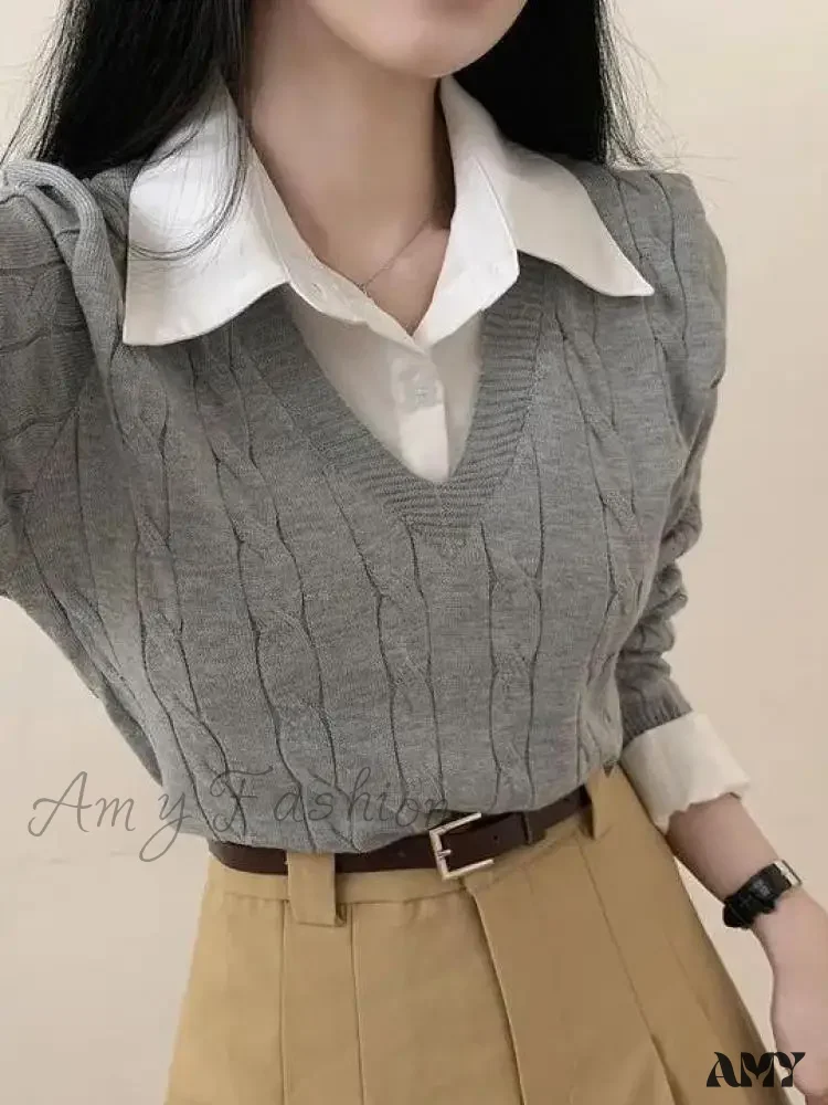 Fashion Winter Knitted Women Casual V-Neck Pullover All-match Loose Sweater - Image 3