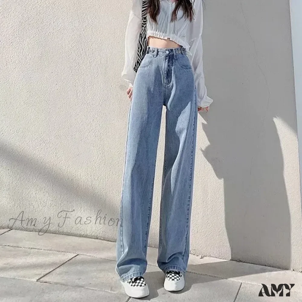 Amy Fashion - Fashionable Blue Vintage Quality High-Waisted Denim Straight Casual Floor Length Jean - Image 2