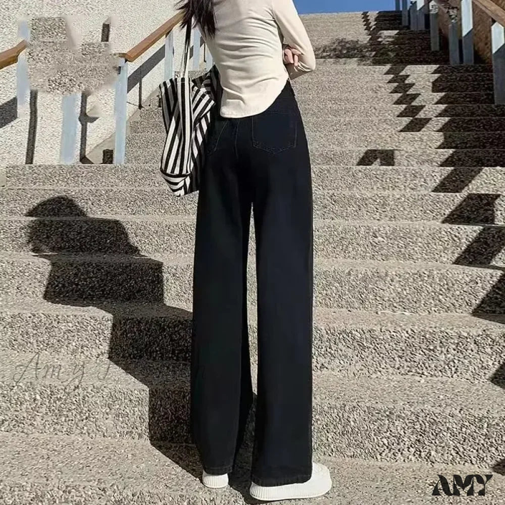 Amy Fashion - Fashionable Blue Vintage Quality High-Waisted Denim Straight Casual Floor Length Jean - Image 4