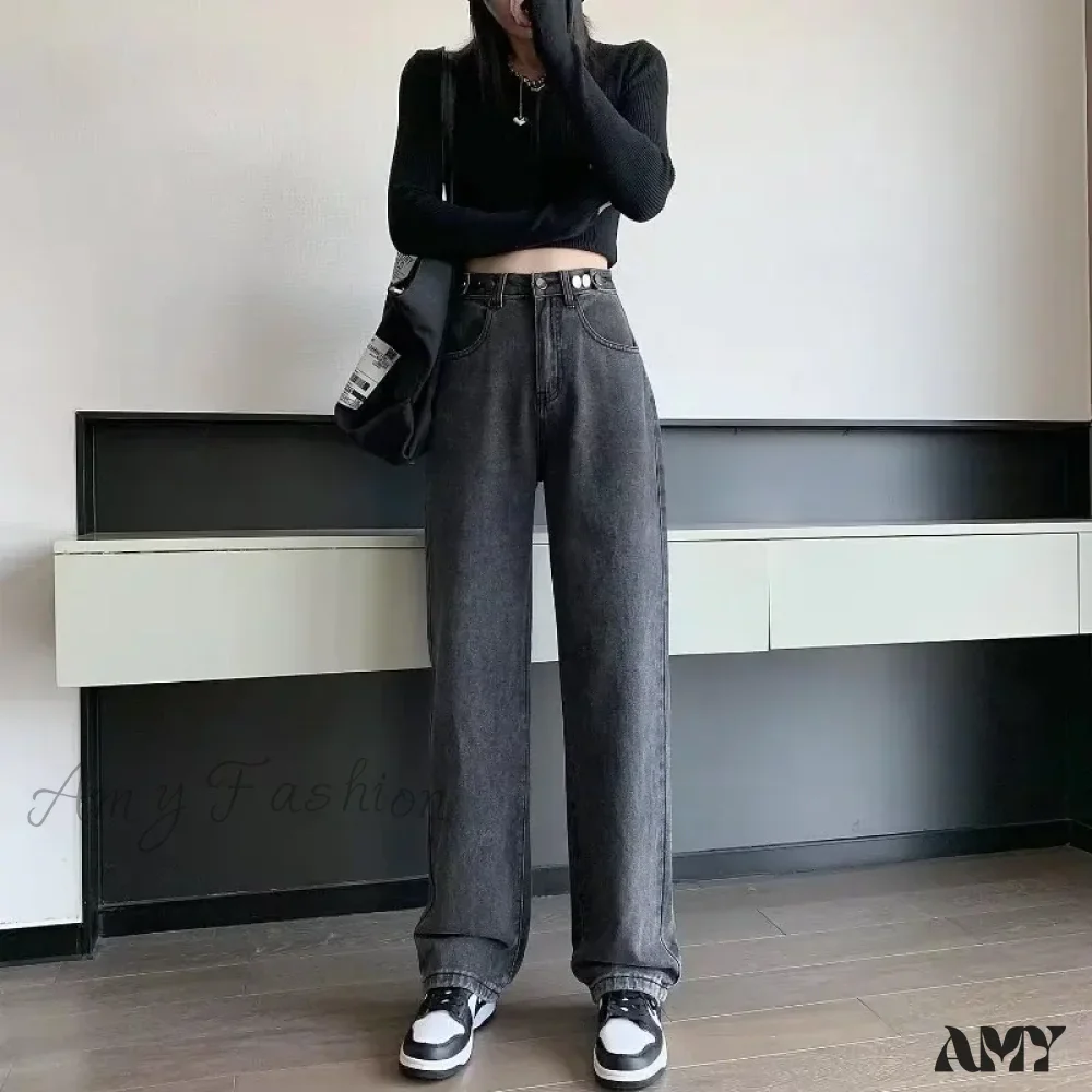 Amy Fashion - Fashionable Blue Vintage Quality High-Waisted Denim Straight Casual Floor Length Jean - Image 5