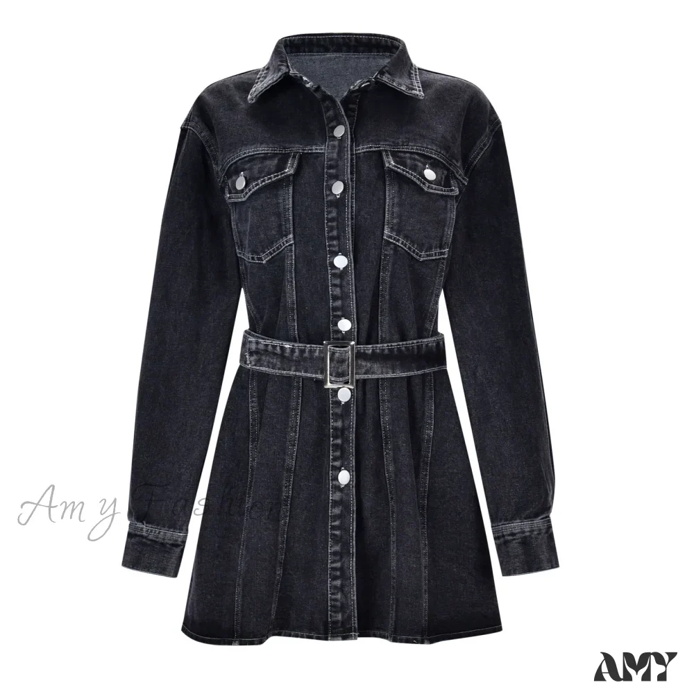 Fashionable Slim Mid-Cuff Belted Denim Office Spring Casual Long-Sleeve Women's Dress - Image 4