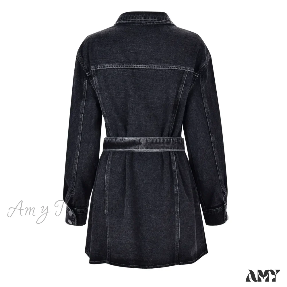 Fashionable Slim Mid-Cuff Belted Denim Office Spring Casual Long-Sleeve Women's Dress - Image 5