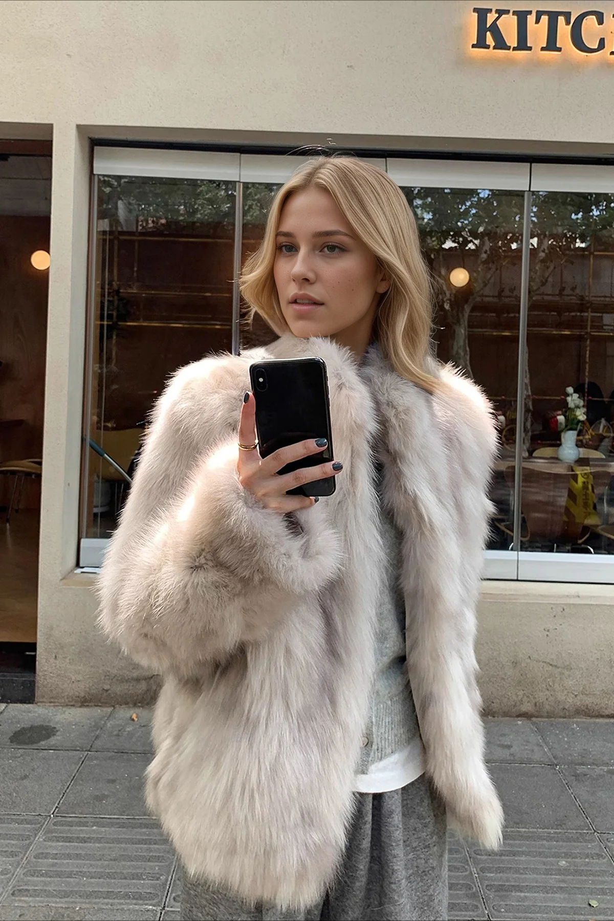 Faux Fox Fur Stand Collar Short Fluffy Warm Coat - Image 5