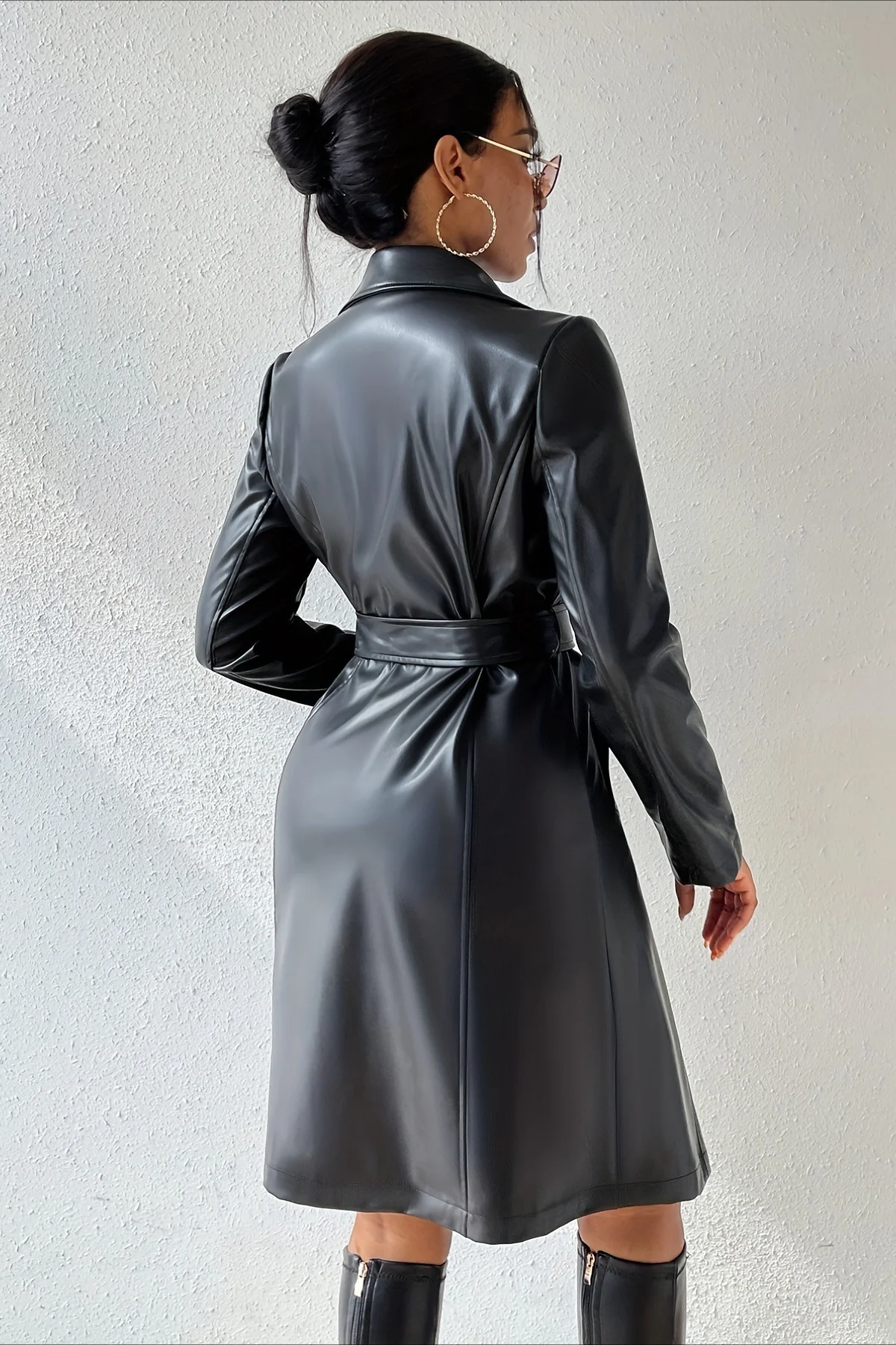 Faux Leather Slim Long Sleeve Longline Trench Coat - Image 3