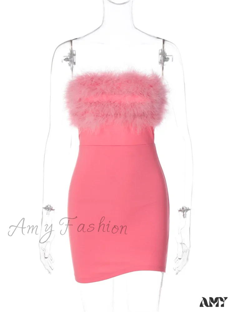 Amy Fashion - Feather Patchwork Tube Summer Party Clubwear Sexy Mini Dress - Image 4