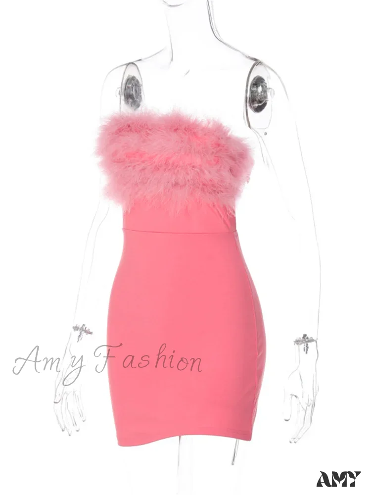 Amy Fashion - Feather Patchwork Tube Summer Party Clubwear Sexy Mini Dress - Image 5