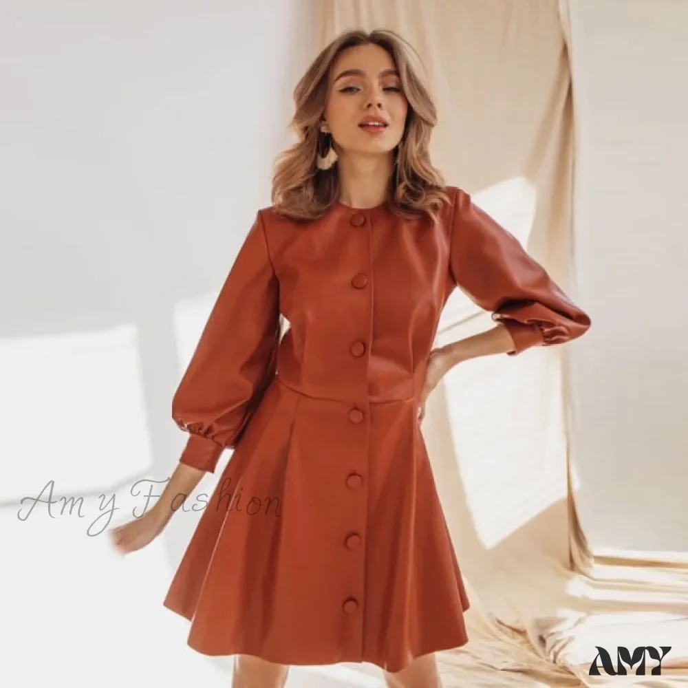 Amy Fashion - Single Breasted O Neck PU Leather Dresses - Image 4
