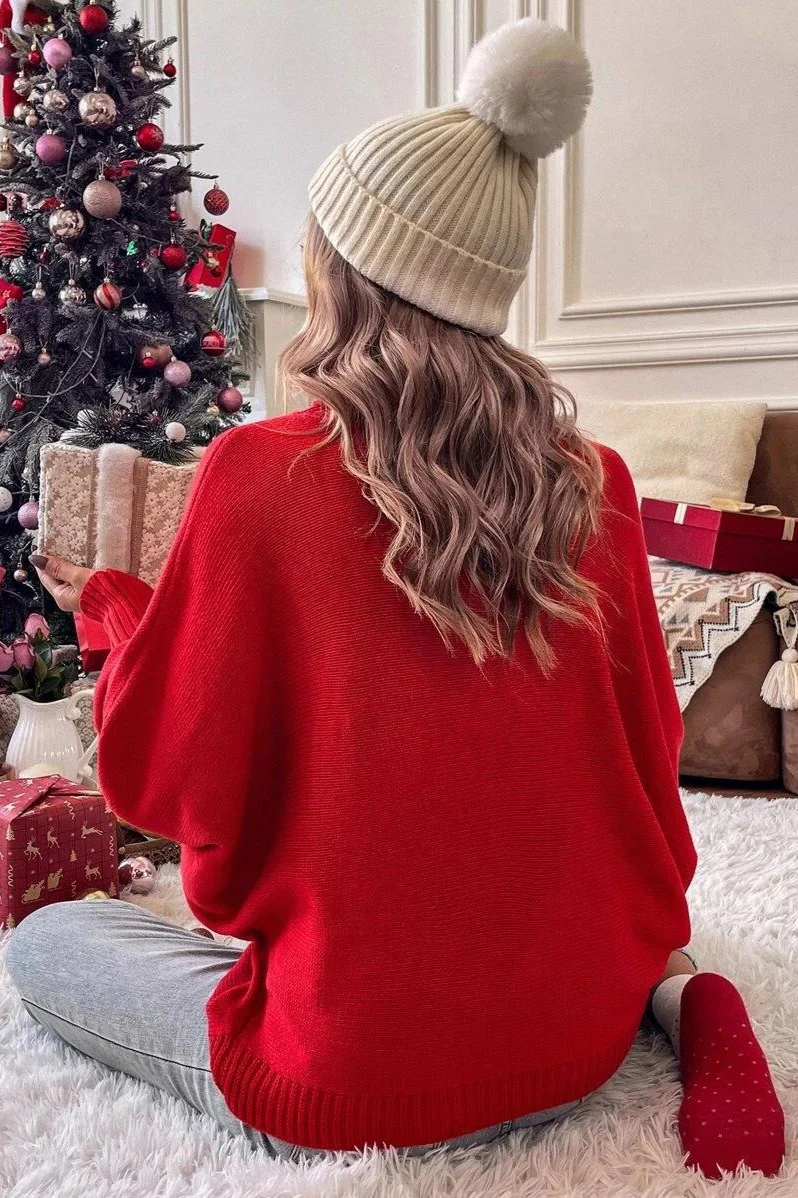 Festive High Neck Loose Batwing Knit Sweater - Image 3