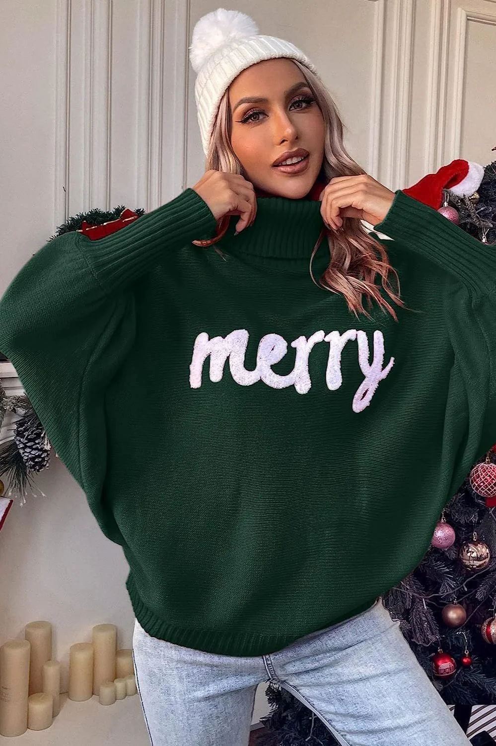 Festive High Neck Loose Batwing Knit Sweater - Image 4