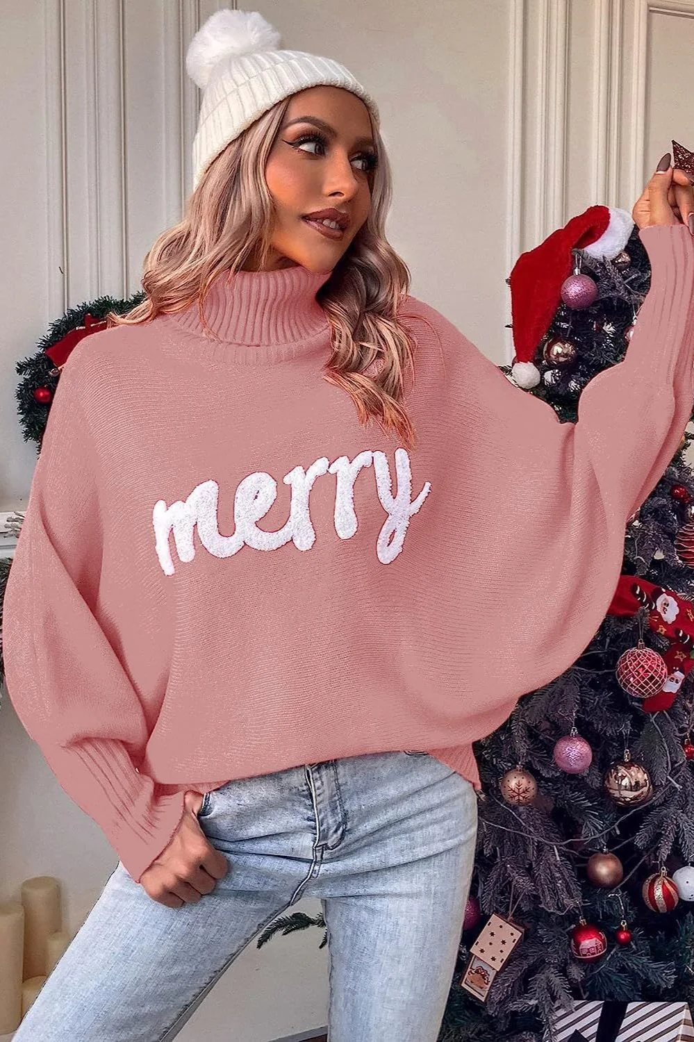 Festive High Neck Loose Batwing Knit Sweater - Image 5