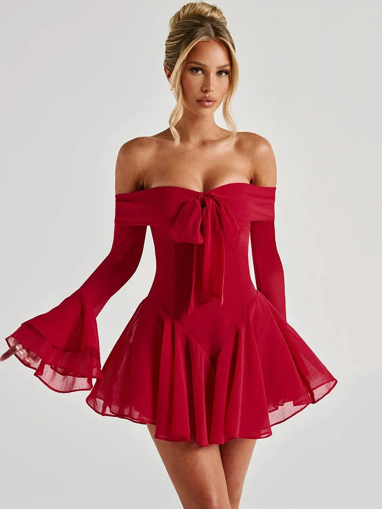 Flare Sleeve Off Shoulder Mini Dress - Image 3