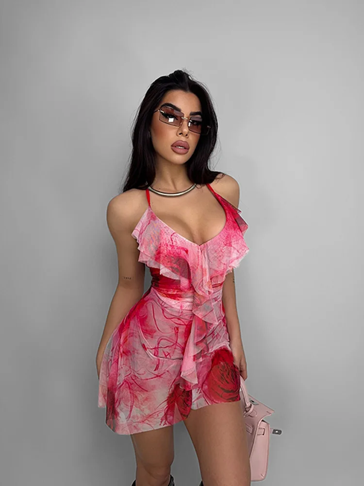 Floral Halter Sheer Backless Party Dress