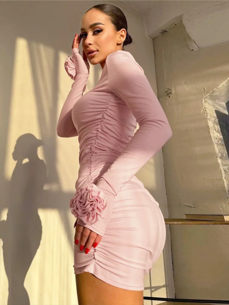 Floral Long Sleeve O Neck Bodycon Dress - Image 2