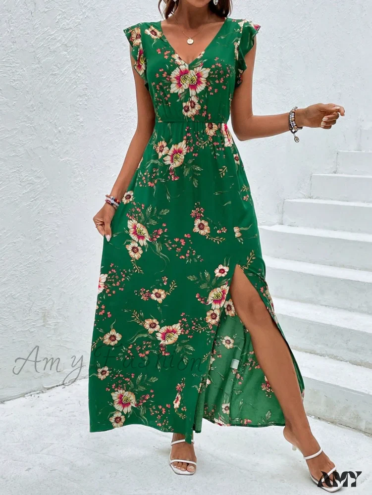 Amy Fashion - Floral Print Ruffle Trim Slit Thigh Dress Without Belt - Image 11