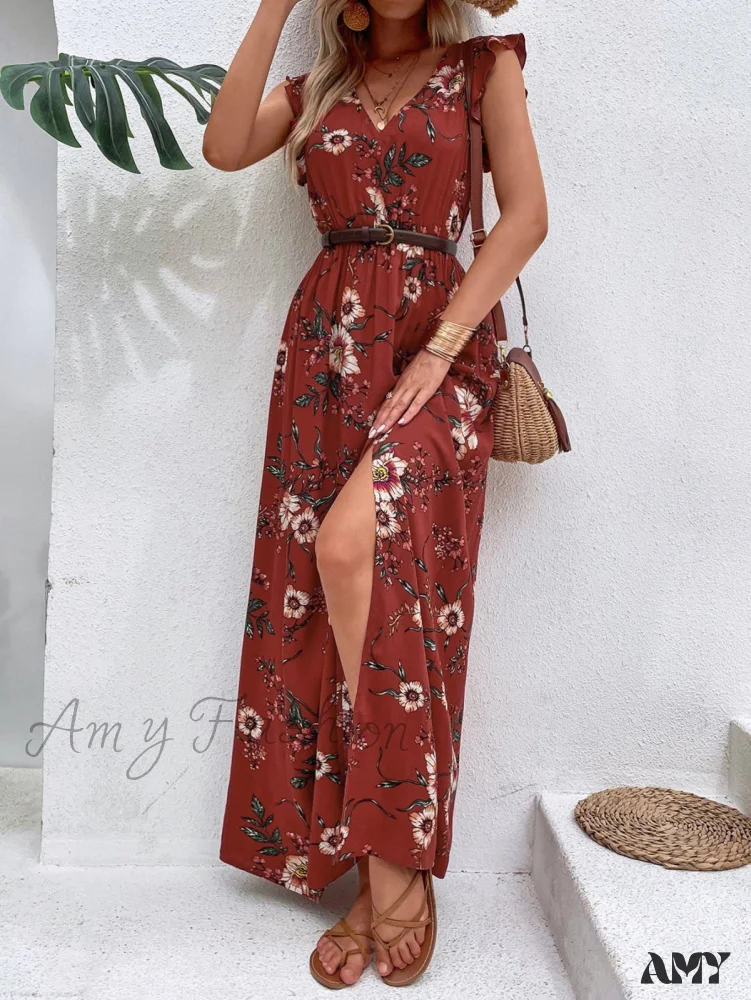 Amy Fashion - Floral Print Ruffle Trim Slit Thigh Dress Without Belt - Image 12