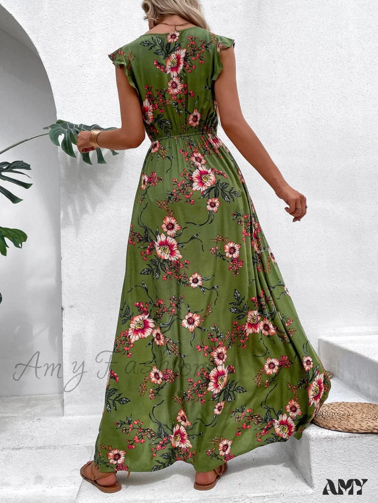Amy Fashion - Floral Print Ruffle Trim Slit Thigh Dress Without Belt - Image 2