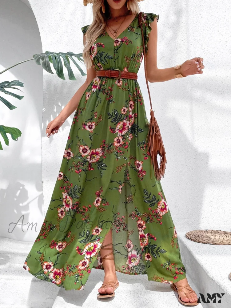 Amy Fashion - Floral Print Ruffle Trim Slit Thigh Dress Without Belt - Image 3