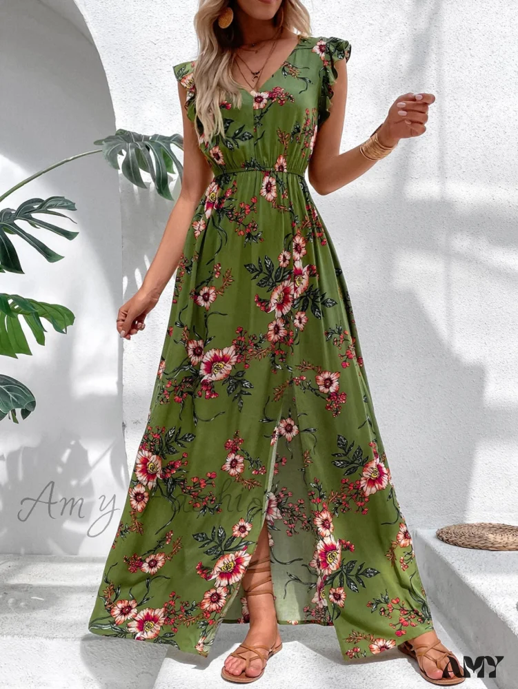 Amy Fashion - Floral Print Ruffle Trim Slit Thigh Dress Without Belt - Image 4