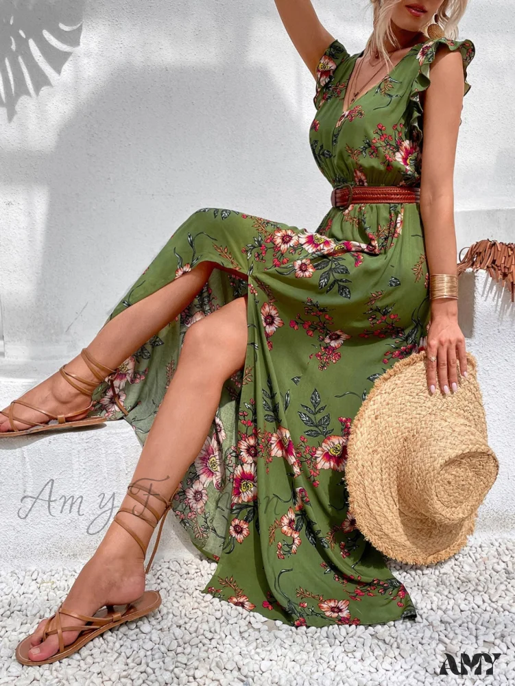 Amy Fashion - Floral Print Ruffle Trim Slit Thigh Dress Without Belt - Image 5