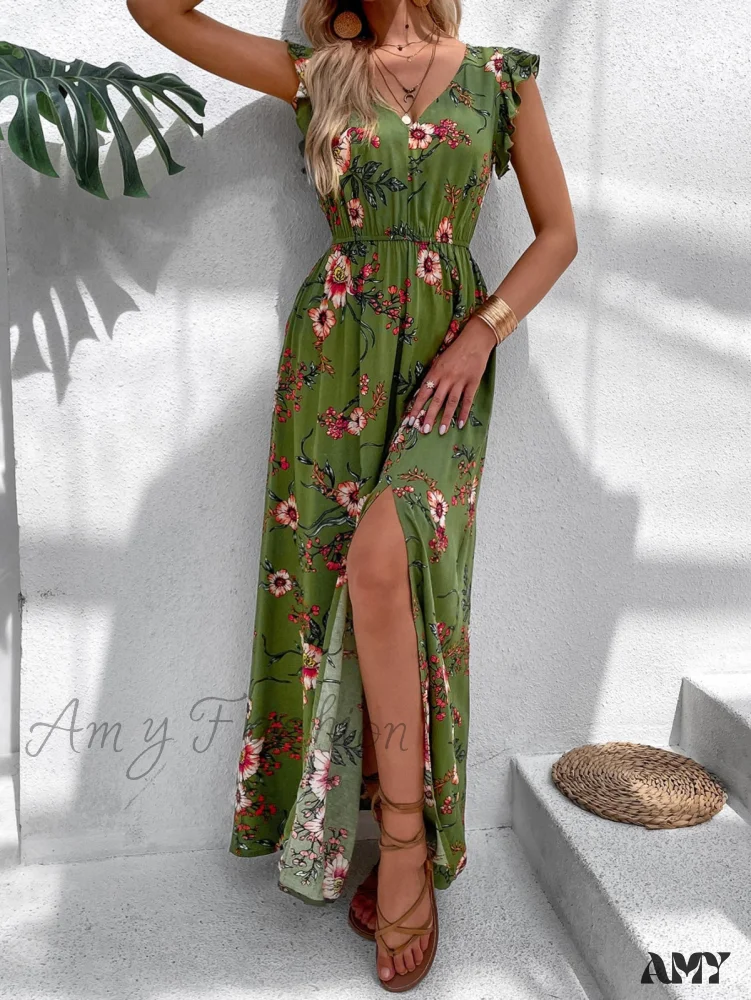 Amy Fashion - Floral Print Ruffle Trim Slit Thigh Dress Without Belt - Image 6
