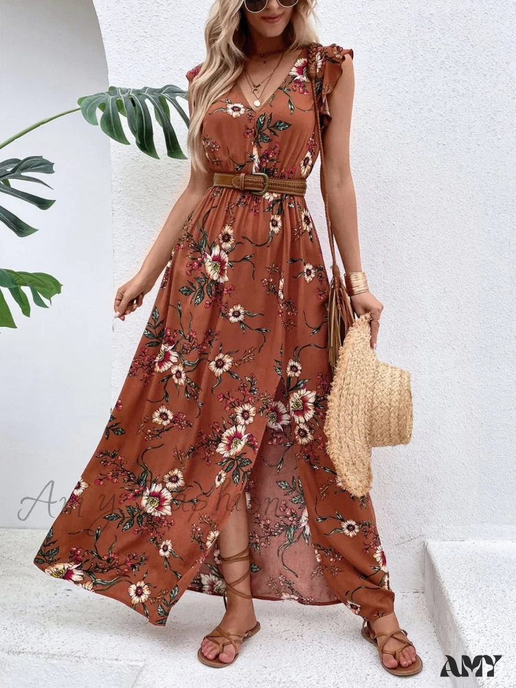 Amy Fashion - Floral Print Ruffle Trim Slit Thigh Dress Without Belt - Image 8
