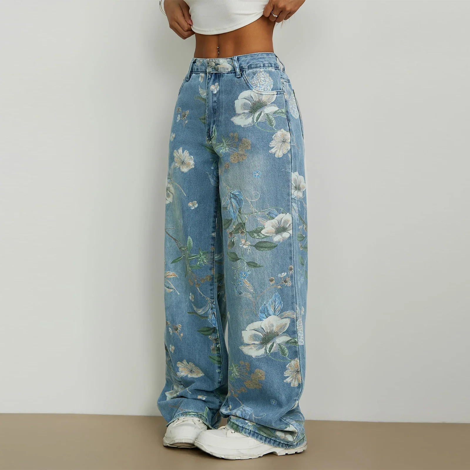Floral Print Washed Denim Pant - Image 2