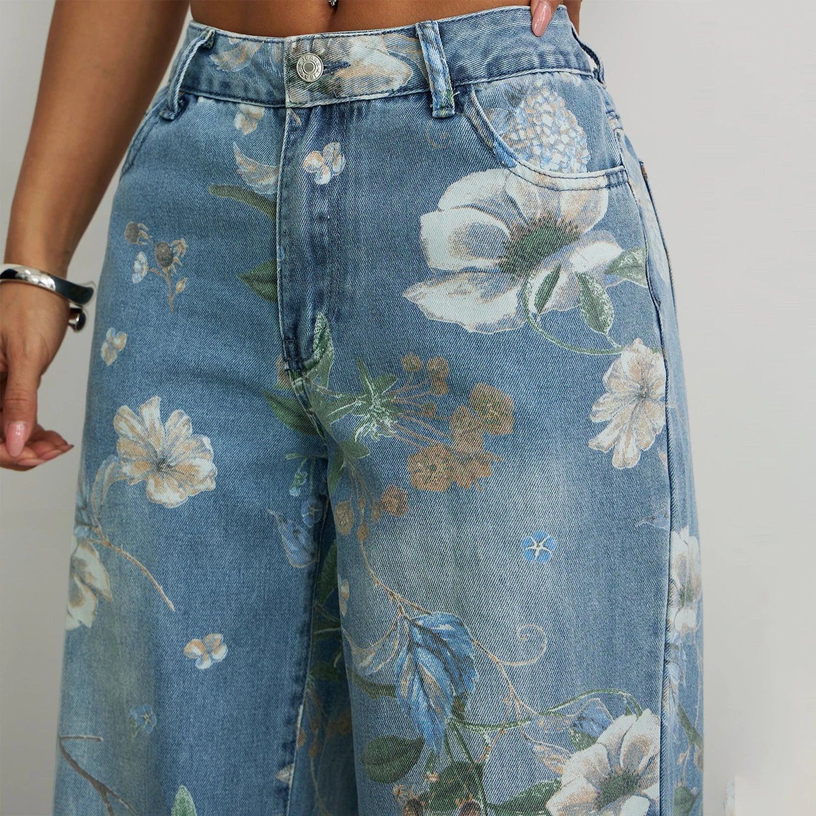 Floral Print Washed Denim Pant - Image 3