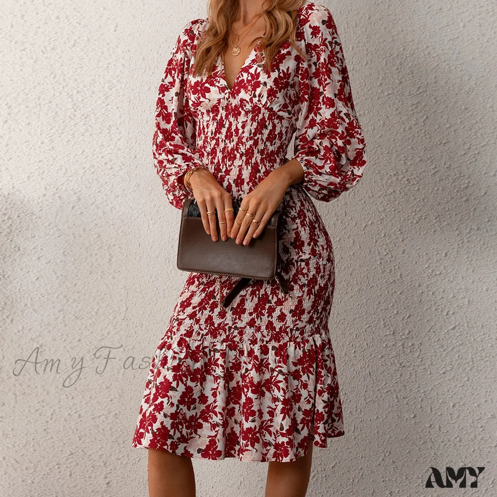 Amy Fashion - Floral Sexy Long Sleeve Bodycon Smocked Dress - Image 2