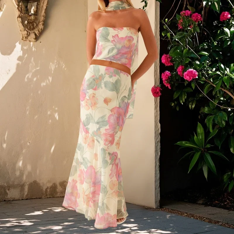 Floral Strapless Bodycon Skirt Two Piece Set