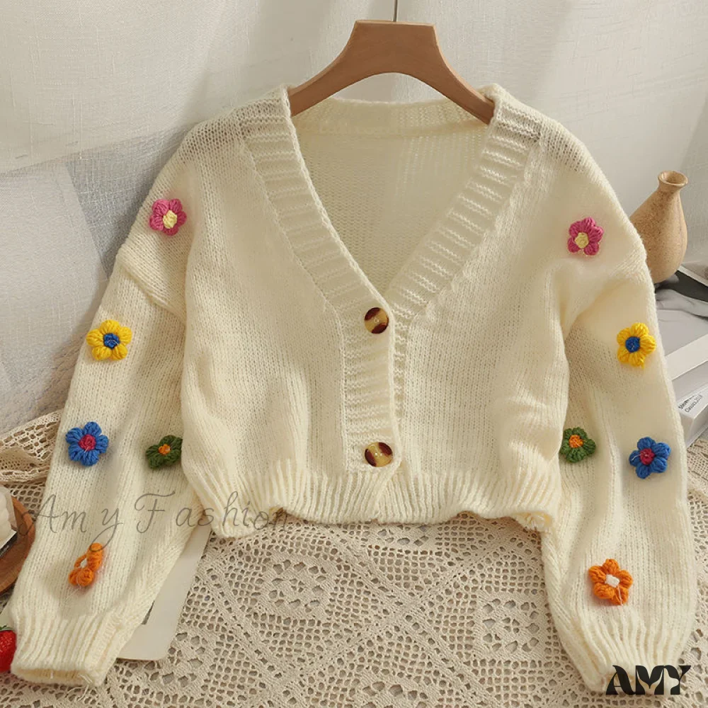 Amy Fashion - Flower V-neck Kawaii Retro Design All-match Mujer Cardigans - Image 3