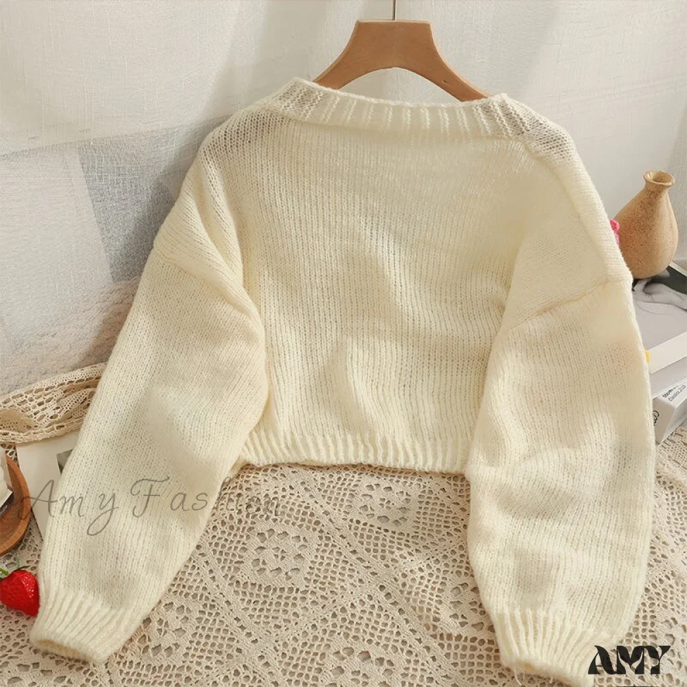 Amy Fashion - Flower V-neck Kawaii Retro Design All-match Mujer Cardigans - Image 4