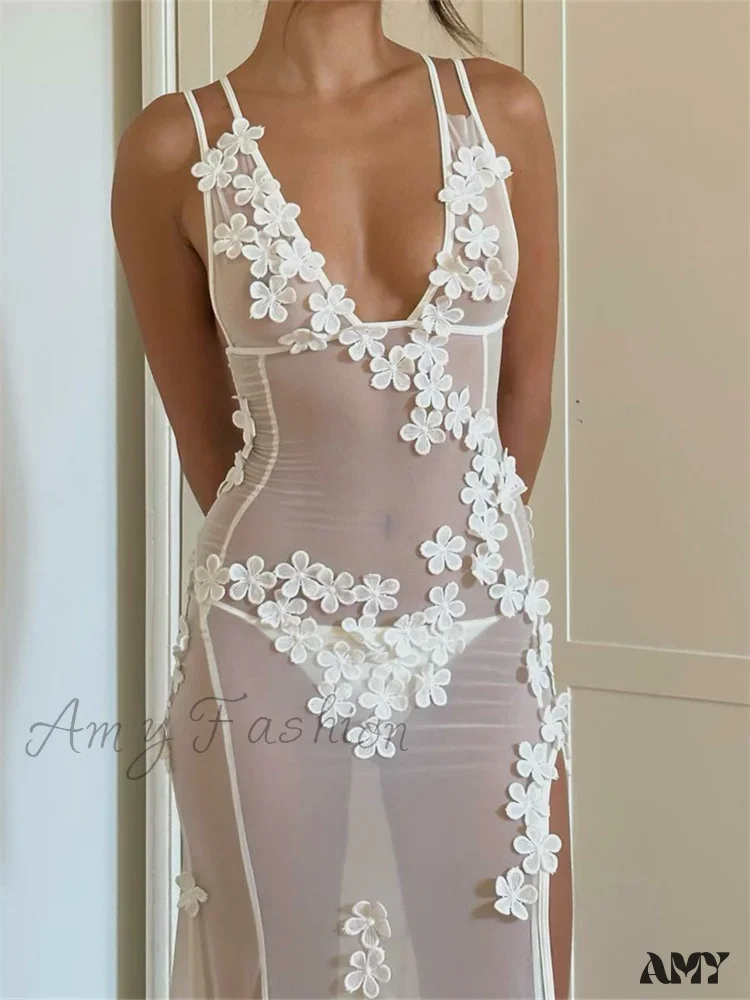 Amy Fashion - Flowers  for Women Sexy Sleeveless Strap High Split Backless Mesh See Through Vestidos Party Clubwear - Image 2