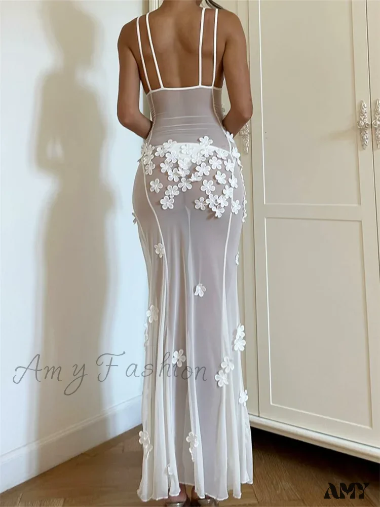 Amy Fashion - Flowers  for Women Sexy Sleeveless Strap High Split Backless Mesh See Through Vestidos Party Clubwear - Image 4