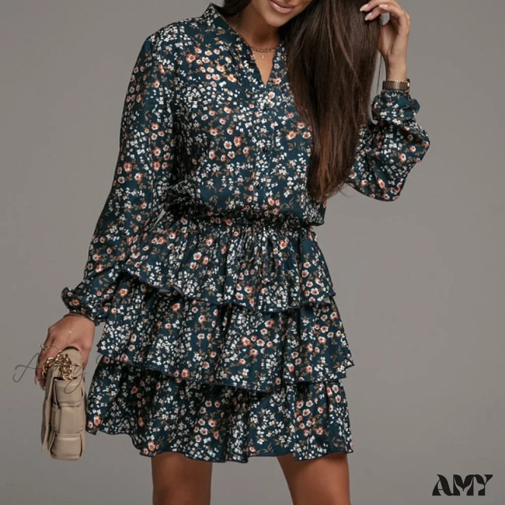 Amy Fashion - Flowers Print V Neck Green Short Dress - Image 3